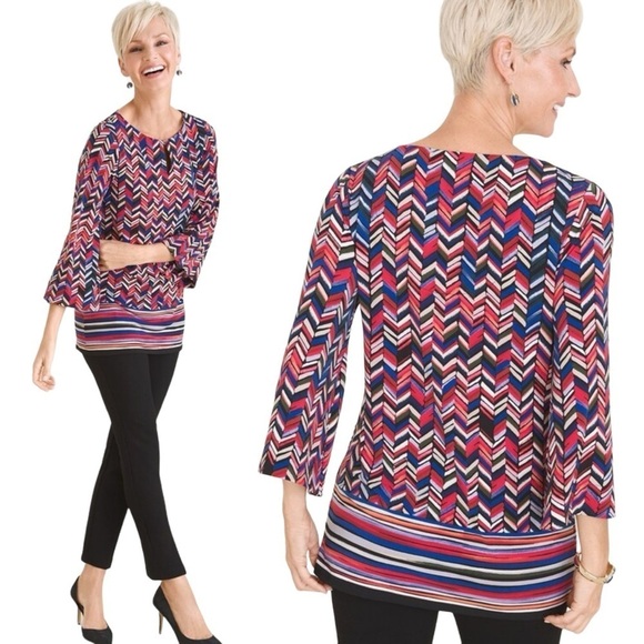 Chicos Chevron-Print Striped-Border Top Size 1 US M - Picture 1 of 7